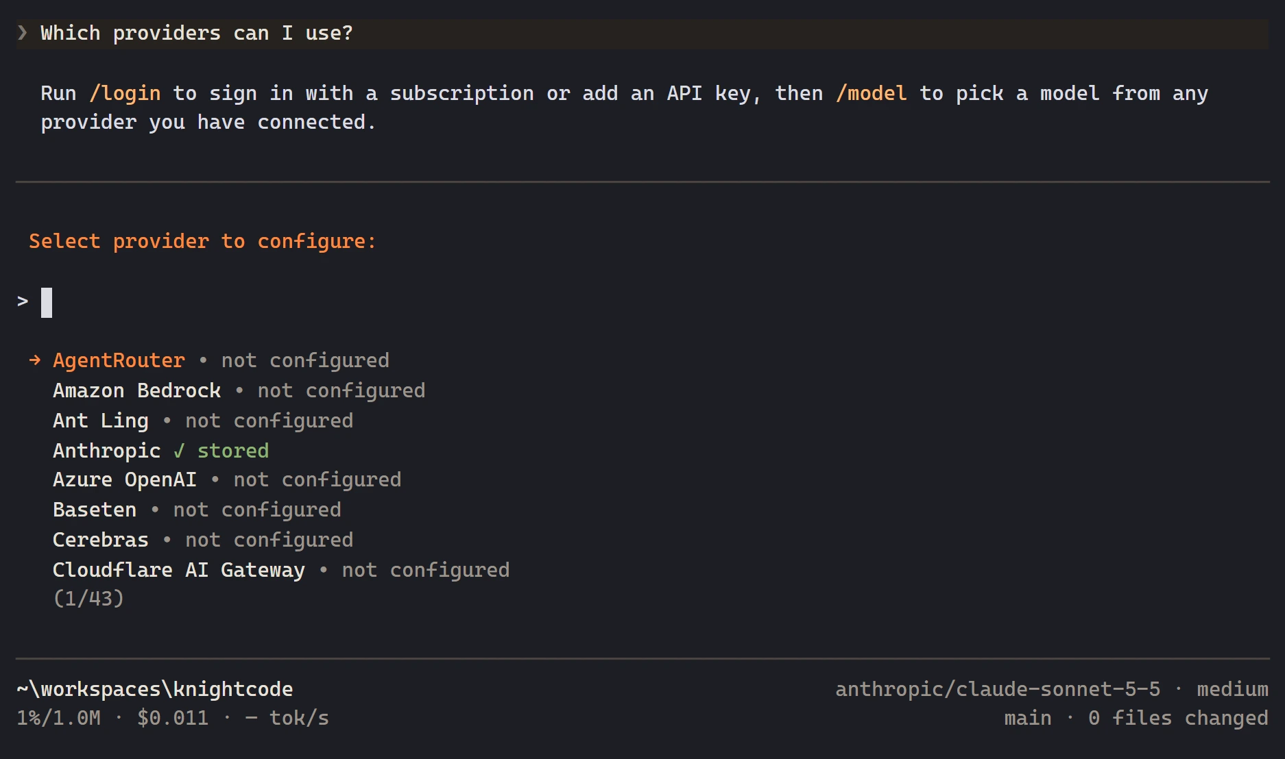 KnightCode provider picker opened with /login