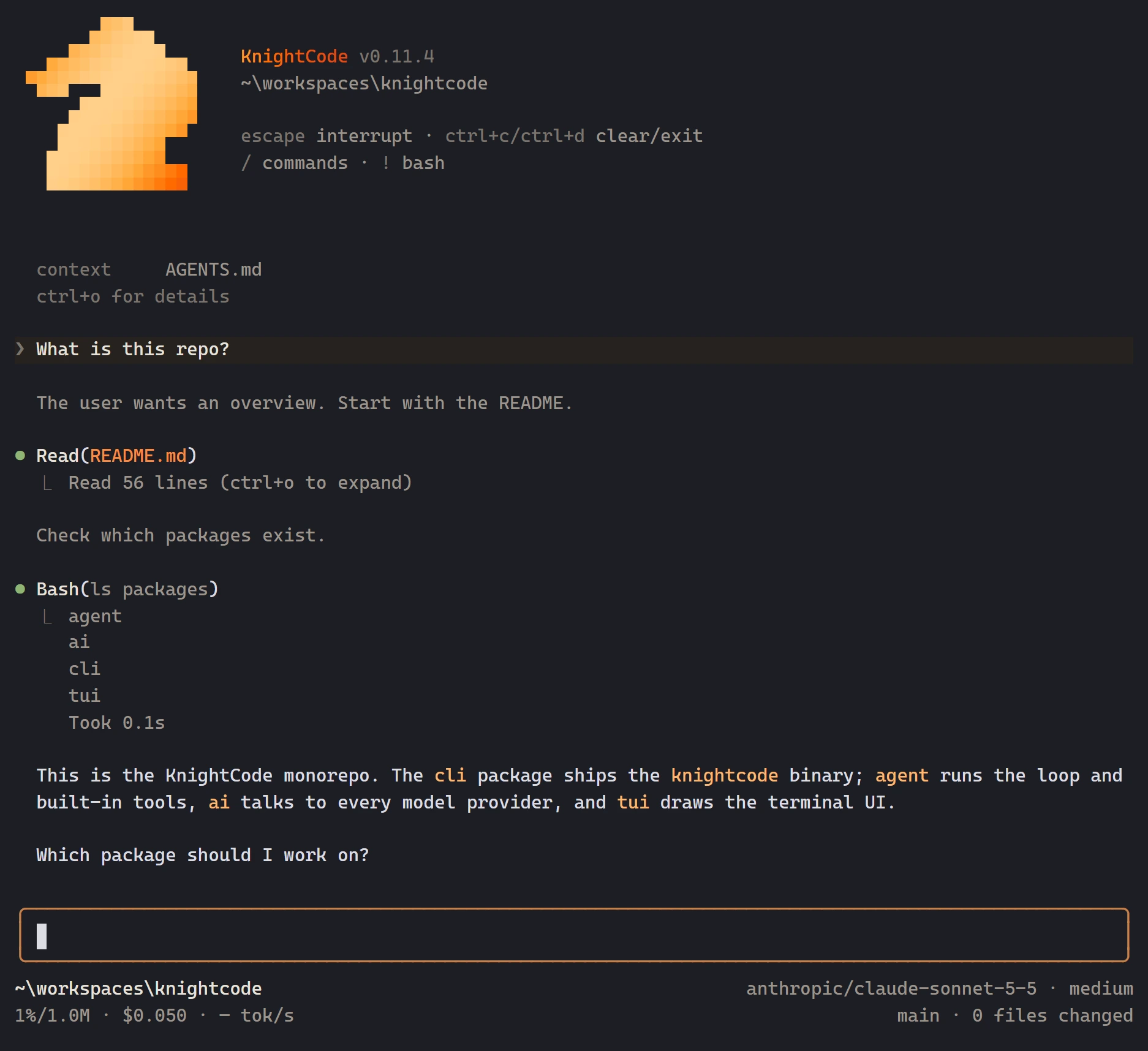 KnightCode terminal UI after a prompt: read and bash tool calls, then the model's answer