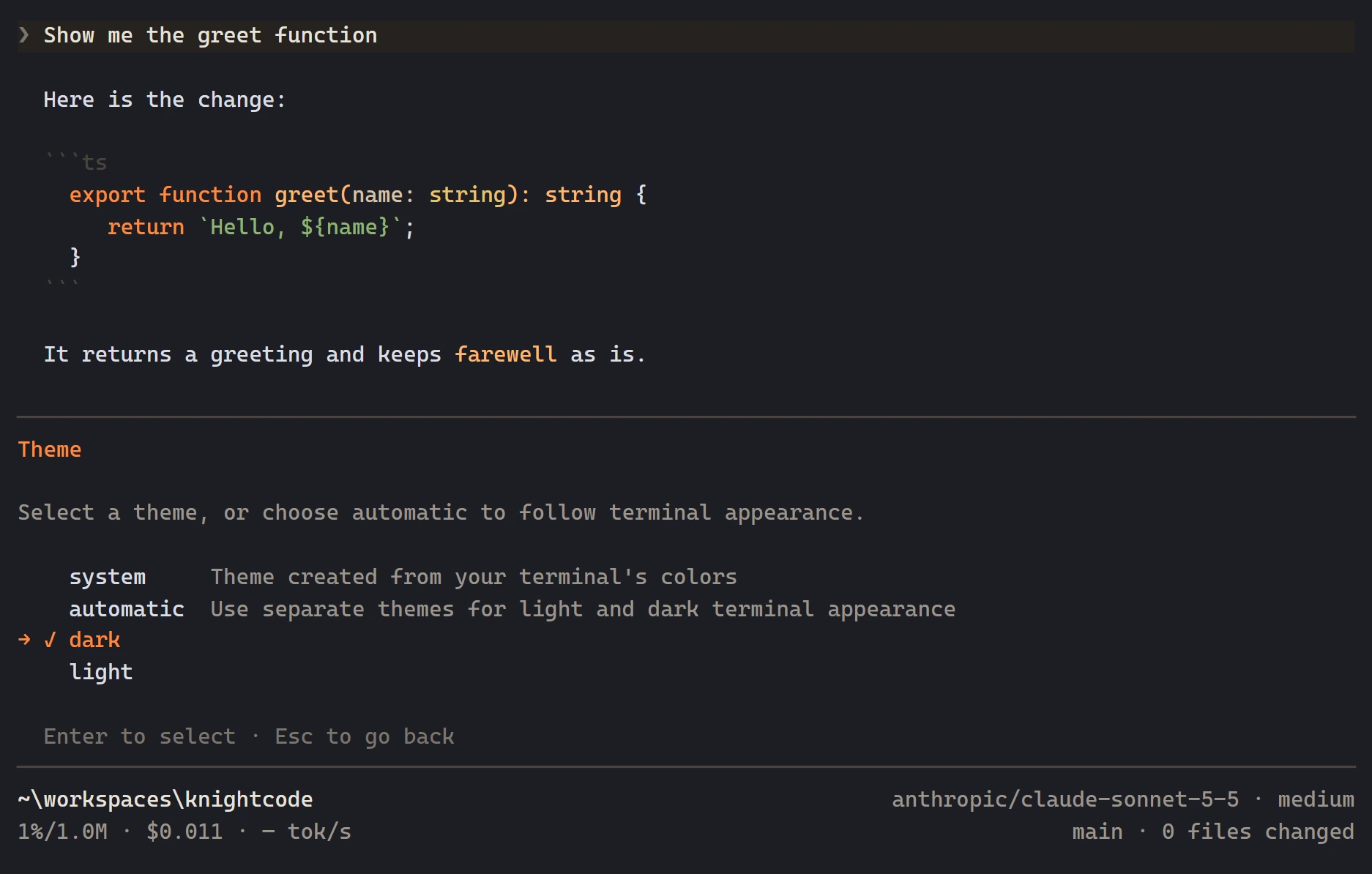 KnightCode theme picker listing system, automatic, dark, and light