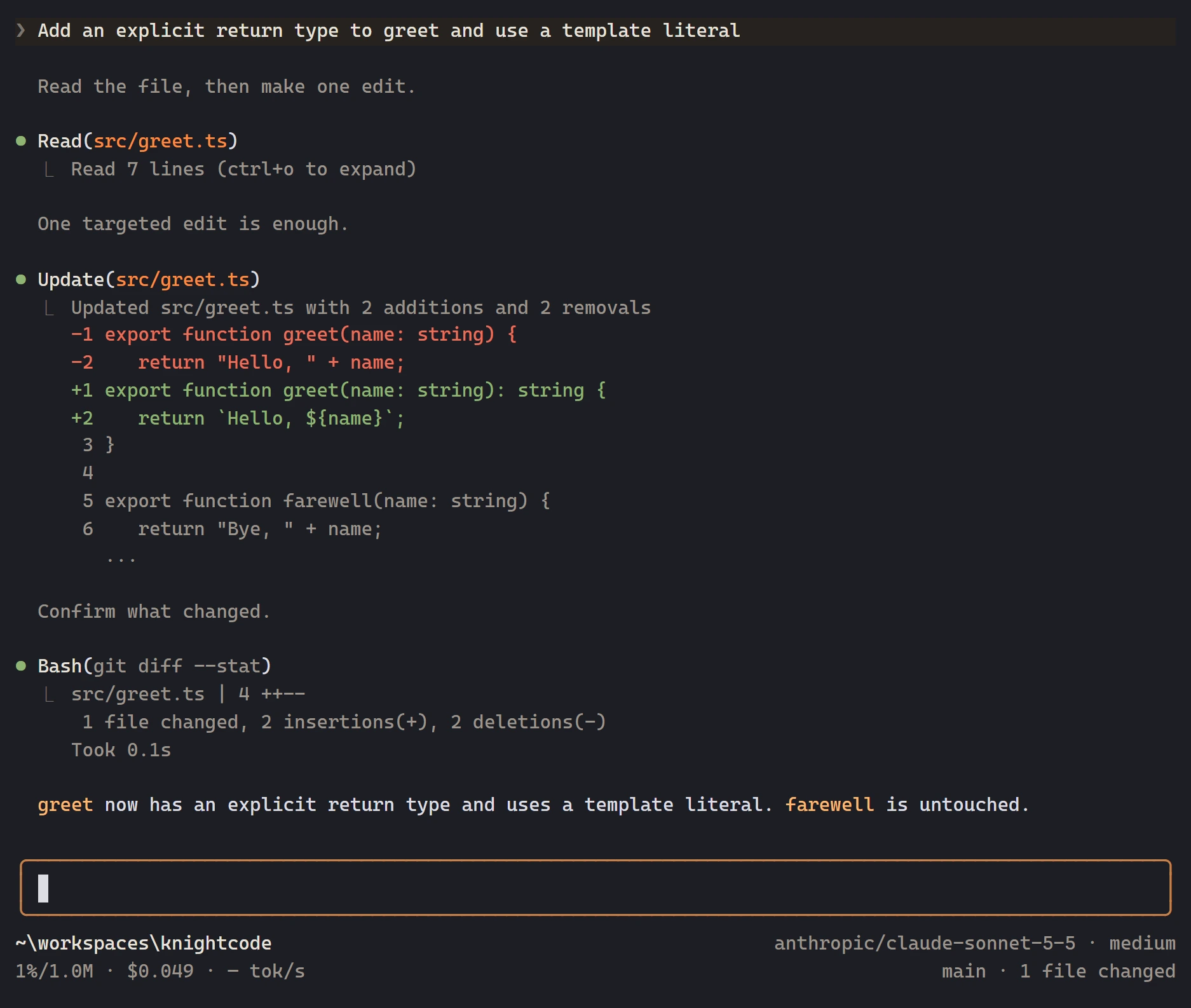 KnightCode transcript showing a read, an edit with a red and green diff, and a git diff