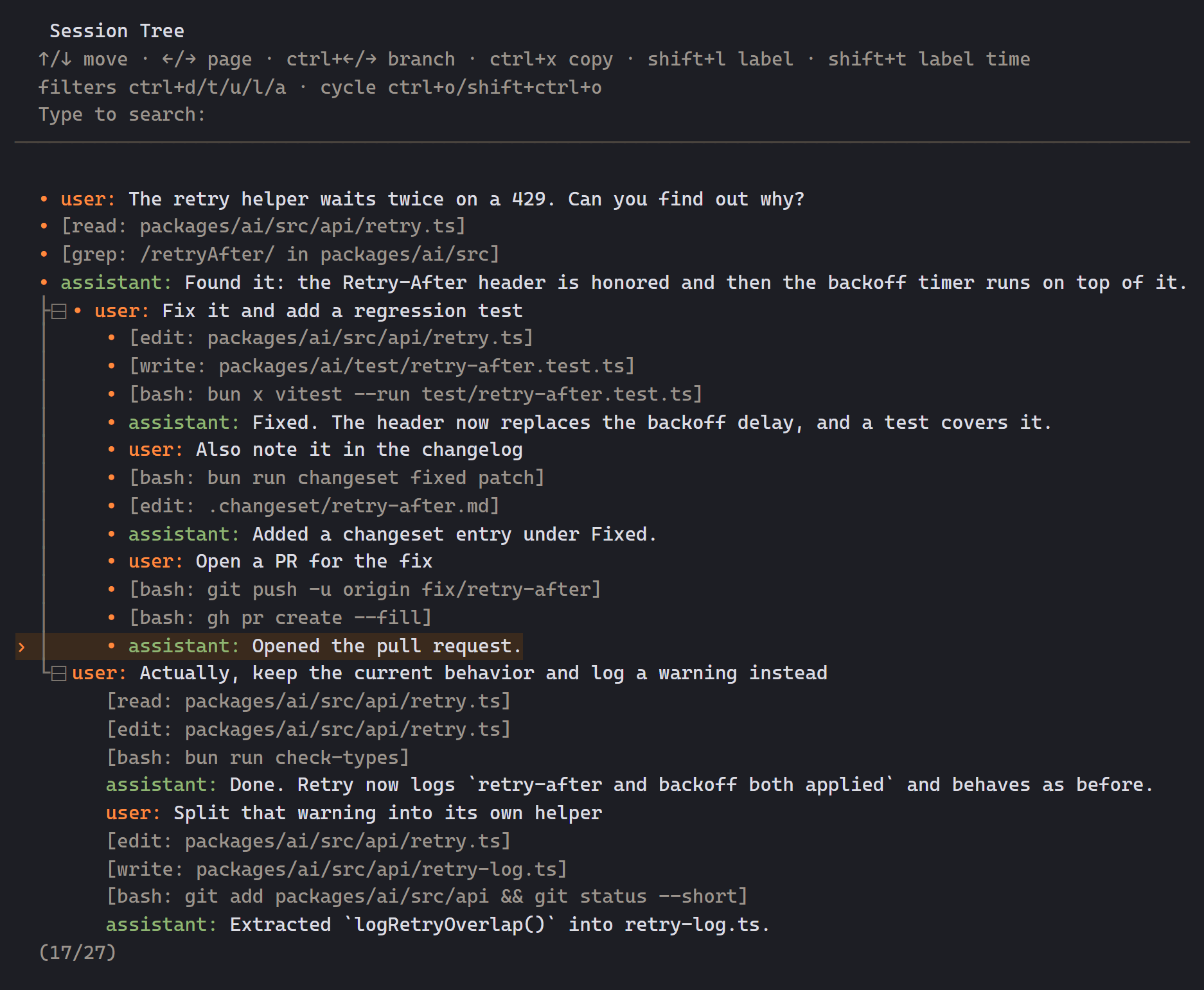 The /tree view showing a session with two branches, user messages, assistant replies, and tool calls